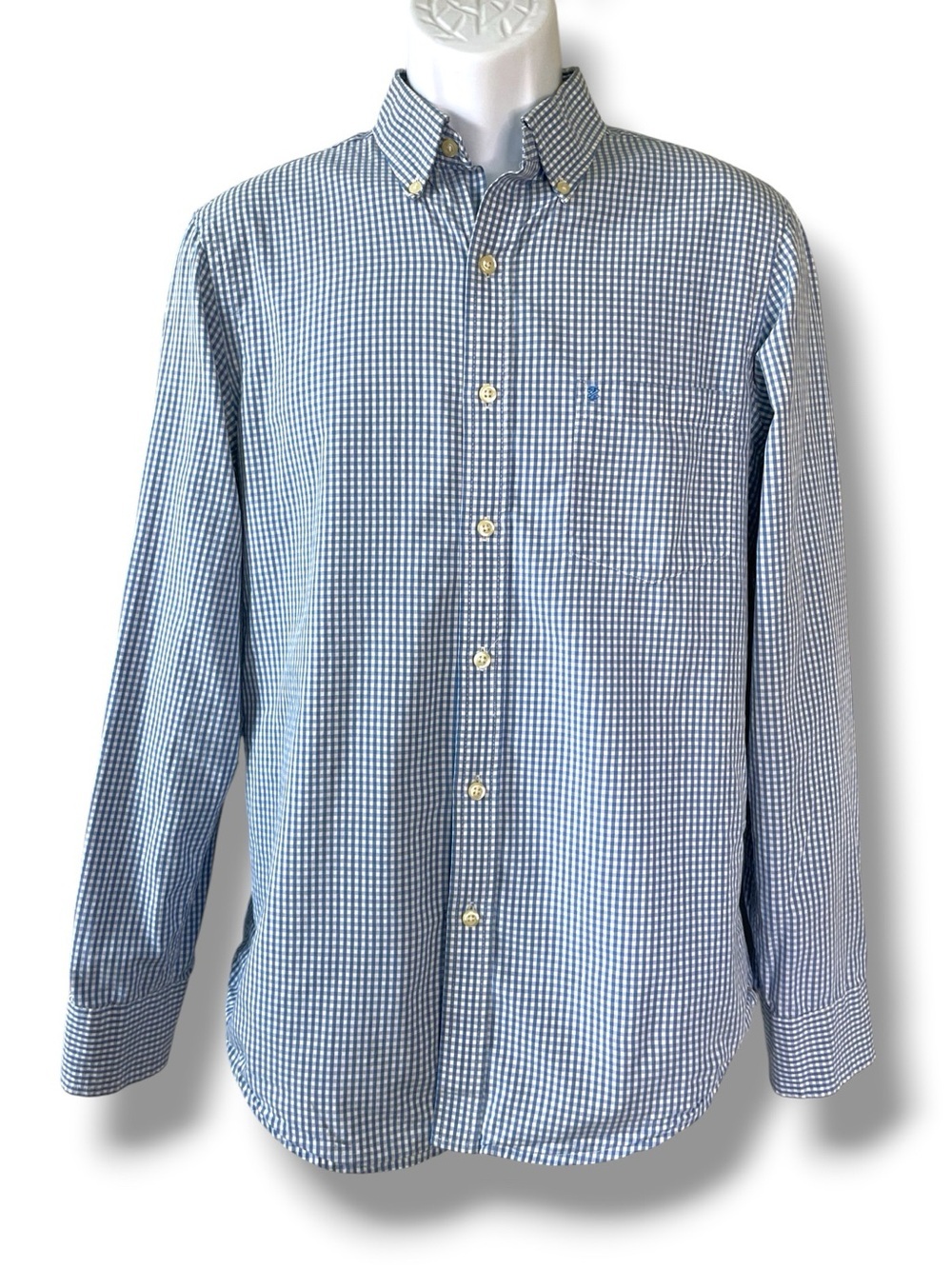 IZOD Slim Fit Blue Gingham Button Down Shirt Men’s Medium Preppy Coastal Classic
